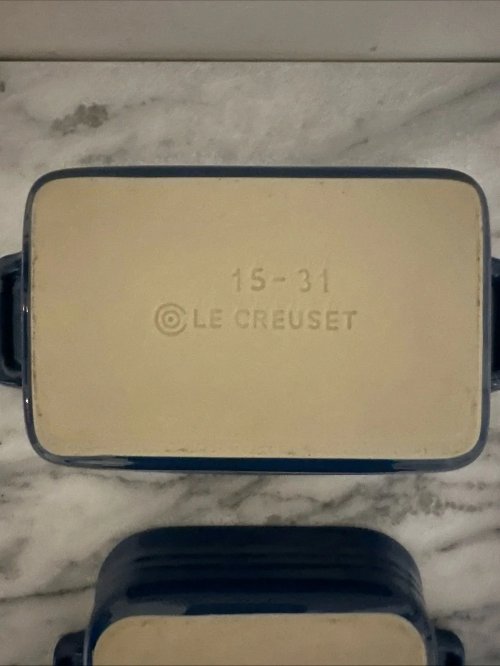 Le Creuset Cream Ceramic Baking Dishes with Blue Rim - Set of 2